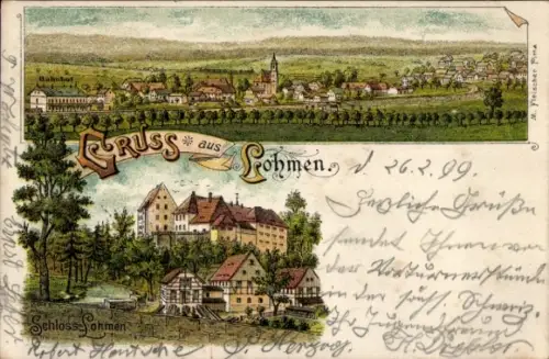 Litho Lohmen Sächsische Schweiz, Gesamtansicht, Schloss Lohmen
