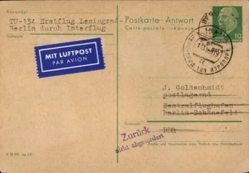 Ganzsachen Ak DDR, Luftpoststempel TU-134 Erstflug Leningrad Berlin durch Interflug