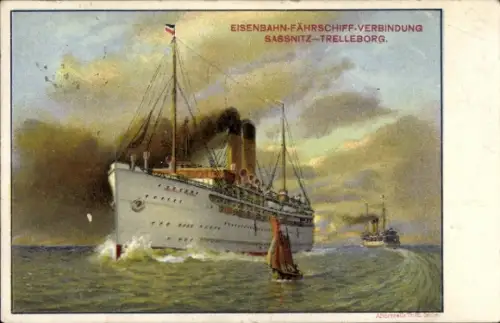 Künstler Ak Eisenbahn-Fährschiff, Verbindung Sassnitz-Trelleborg