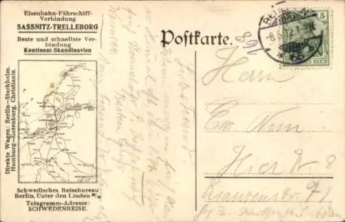 Künstler Ak Eisenbahn-Fährschiff, Verbindung Sassnitz-Trelleborg