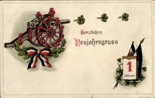 Litho Fröhliches Neujahr, Kalender, 1. Januar, Kanone, Kleeblätter