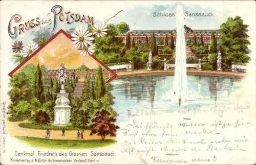 Litho Potsdam in Brandenburg, Schloss Sanssouci, Denkmal Friedrich des Grossen Sanssouci