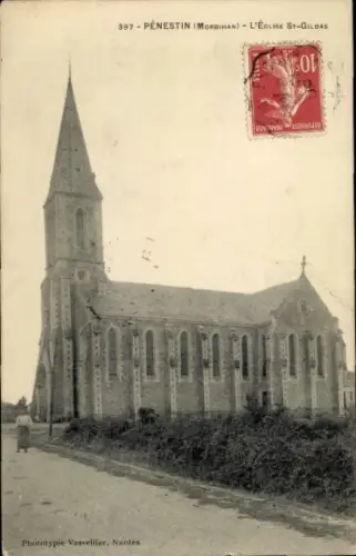 Ak Pénestin Morbihan, Kapelle St-Gildas, schwarz-weiß, Photograph, Frauenfigur