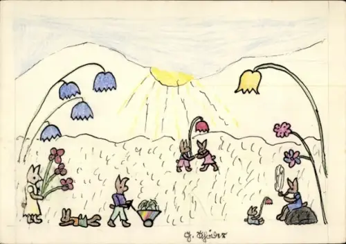 Handgemalt Ak Vermenschlichte Hasen