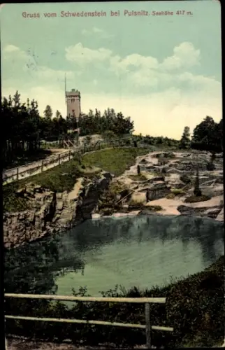 Ak Schwedenstein bei Pulsnitz, Schwedenstein, Aussichtsturm, See, Bäume, Wolken, Natur