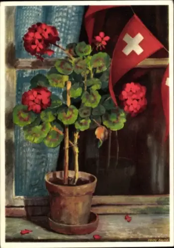 Künstler Ak Schweiz, Schweizerische Fahne, Blumen im Blumentopf