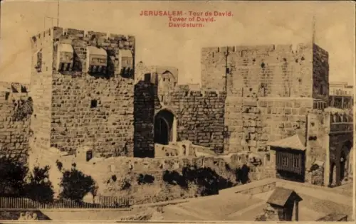 Ak Jerusalem Israel,  Turm von David,  Stadtmauer, sepia Ton