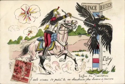 Künstler Ak Französischer Ritter besiegt deutschen Adler, Grenze, Wegweiser