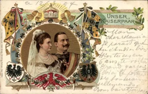 Präge Wappen Litho Unser Kaiserpaar, Kaiser Wilhelm II. und Kaiserin Auguste Viktoria