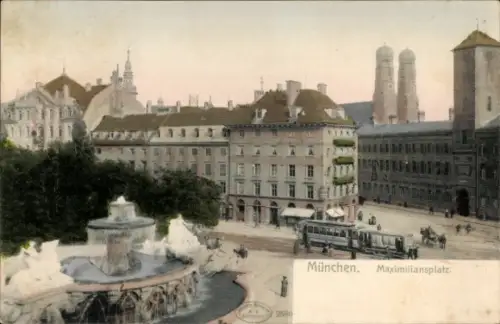 Ak München Maxvorstadt, Maximiliansplatz, Brunnen,  Gebäude, Straßenbahn