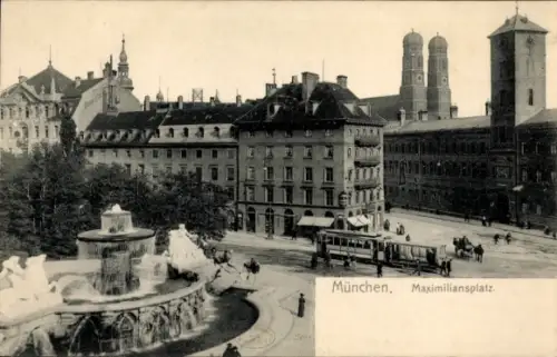 Ak München Maxvorstadt, Maximiliansplatz, Brunnen,  Gebäude, Straßenbahn
