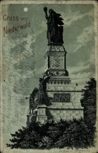 Mondschein Ak Rüdesheim am Rhein, Niederwald Nationaldenkmal