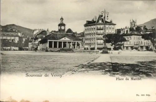 Ak Vevey Kanton Waadt, Souvenir de  Place du Marché, Uhrturm, Gebäude
