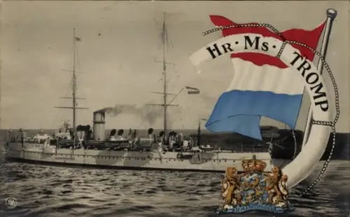Ak Niederländisches Kriegsschiff, Hr.Ms. Tromp, Wappen, Flagge