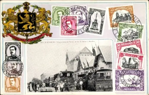 Präge Wappen Briefmarken Ak Corbion Bouillon Belgien, Inauguration du Chemin de fer, Gare, Bahnhof