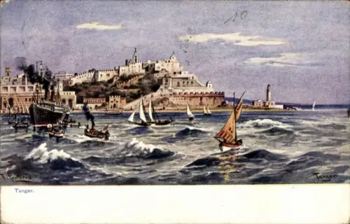 Künstler Ak Perlberg, F., Tanger Marokko, Hafenpartie, Dampfer, Segelboote