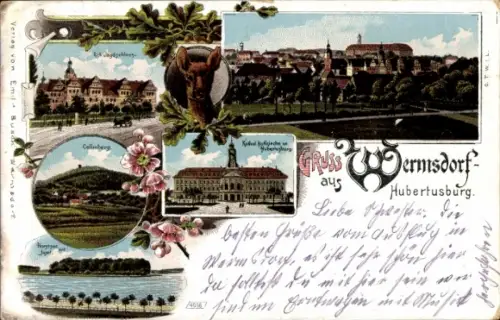 Litho Wermsdorf in Sachsen, Schloss Hubertusburg, Katholische Hofkirche, Horstsee mit Insel
