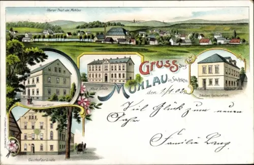 Litho Mühlau in Sachsen, Restaurant zur Post, Gasthof zur Linde, Schulze's Restauration, Neue Schule