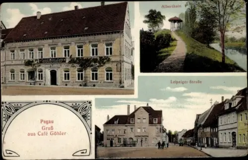 Ak Pegau in Sachsen, Café Göhler, Leipziger Straße, Alberthain