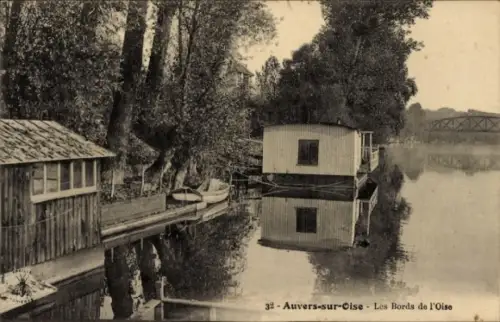 Ak Auvers sur Oise Val d'Oise, Boot auf der Oise, Brücke