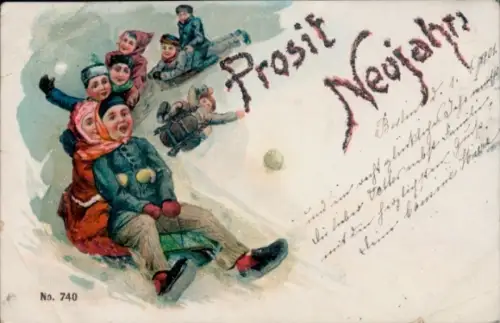 Glitzer Ak Glückwunsch Neujahr, Kinder auf Schlitten