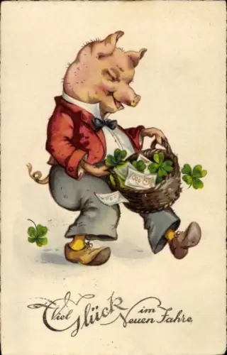 Ak Glückwunsch Neujahr, Schwein, Korb, Glücksklee