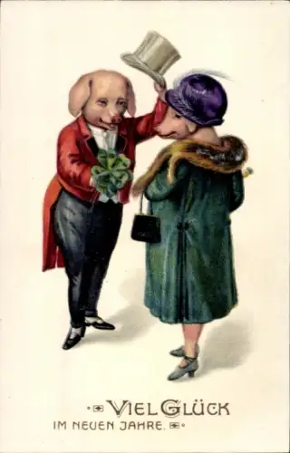 Ak Glückwunsch Neujahr, Vermenschlichte Schweine, Glücksklee