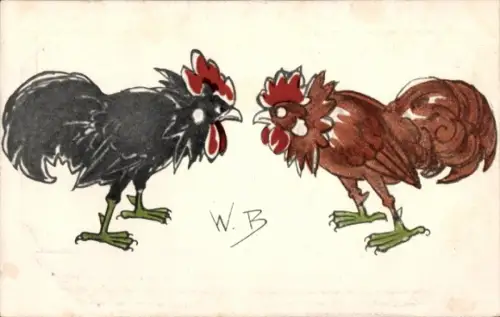 Künstler Ak Busch, Wilhelm, Zwei Streithähne, Kampfhähne