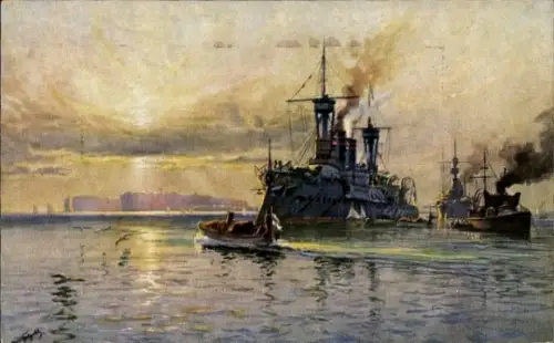 Künstler Ak Bohrdt, Hans, SMS Wörth, SMS Aegir, Panzerschiff, Torpedodivisionsboot vor Helgoland