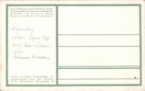 Künstler Ak Bohrdt, Hans, SMS Wörth, SMS Aegir, Panzerschiff, Torpedodivisionsboot vor Helgoland