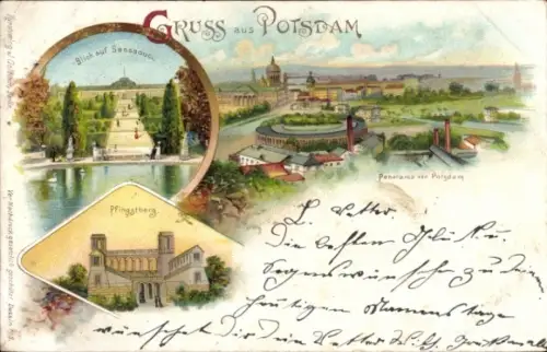 Litho Potsdam, Panorama, Schloss Sanssouci, Pfingstberg
