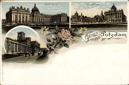 Litho Potsdam, Neues Palais, Orangerie, Communs