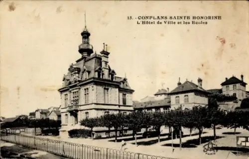 Ak Conflans-Sainte-Honorine Yvelines, Bahnhof Fin d'Oise, Stadthaus, Schulen, Architektur, Ockerf