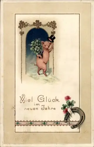 Ak Glückwunsch Neujahr, Schwein mit Klee, Hufeisen