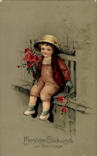 Ak Glückwunsch Geburtstag, Junge mit Blumen