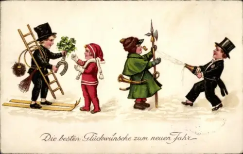 Ak Glückwunsch Neujahr, Schornsteinfeger, Hufeisen, Sektflasche