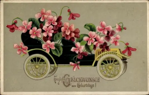 Präge Ak Glückwunsch Geburtstag, Blumen, Auto