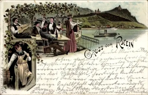 Litho Gruß vom Rhein, Gasthaus, Salondampfer