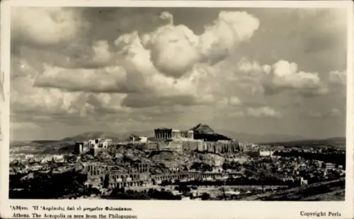 Ak Athen Griechenland, Akropolis von der Philopappus Sicht, Wolken über  Schwarz-Weiß