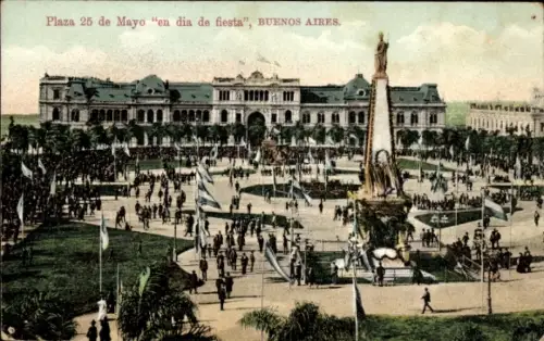 Ak Buenos Aires Argentinien, Plaza 25 de Mayo, Festumzug, Menschenmenge, Monumente