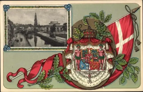 Ak København Kopenhagen Dänemark, Stadtansicht mit Kirche, dänisches Wappen, rote Flagge, grüne B