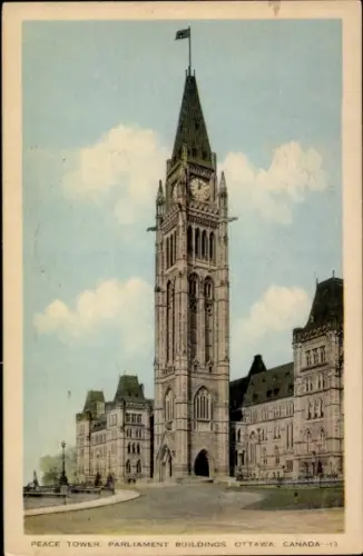 Ak Ottawa Ontario Kanada, Peace Tower, Parliament Buildings,  Kanada, Uhrturm, Flagge