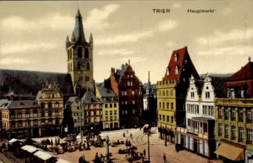 Ak Trier an der Mosel, Hauptmarkt,  Gebäude, Marktstände, Menschen, Uhrturm