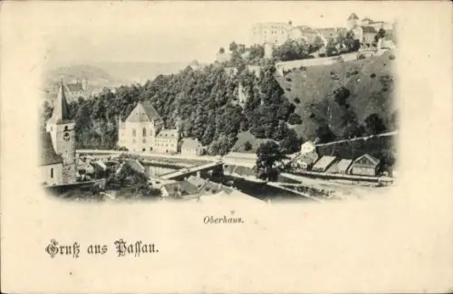 Ak Passau in Niederbayern, Schloss Oberhaus, Fluss, Brücke, Bäume, Gruß aus Passau