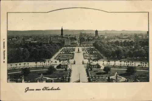 Ak Karlsruhe in Baden, Luftaufnahme von  Parkanlagen, Straßen,  Gebäude
