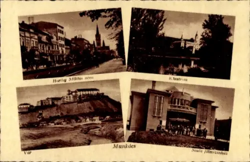 Ak Mukatschewo Munkacs Ukraine, Vierteilige , Horthy Miklós, Klastrom,  Scala filmszinhaz