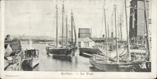 Ak Quebec Kanada, Montmorency River, Hafenansicht, Boote, Schiffe, Wasser, Gebäude