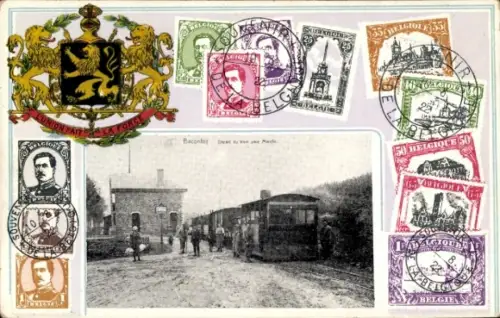 Präge Wappen Briefmarken Passepartout Ak Baconfoy Tenneville Wallonien Luxemburg, Bahnhof