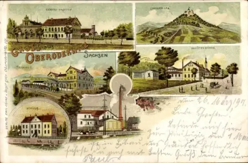 Litho Oderwitz, Schützenhaus, Schule, Bahnhof, Ort