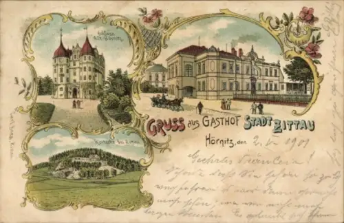 Litho Hörnitz Oberlausitz, Gasthof Stadt Zittau, Schloss Alt-Hörnitz